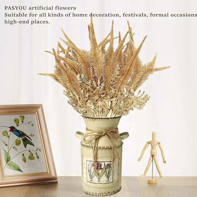 Fake Plants Christmas Decor, Artificial Golden Plant Fake Fern Shrubs Faux Plastic Leaves for Indoor Outdoor Home Garden Party Hall Wedding DIY Gold Foliage Decoration Tail Grass Bunches - 6 Pack