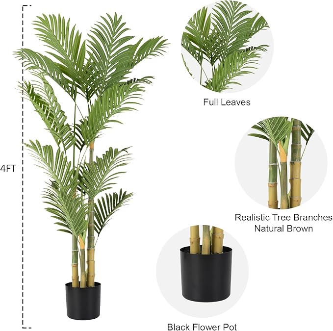 Artificial Palm Tree 4 Feet Artificial Palm Plant with Real Bark Design Faux Palm Tree for Indoor Outdoor Modern Decoration Plants in Pot for Home Office