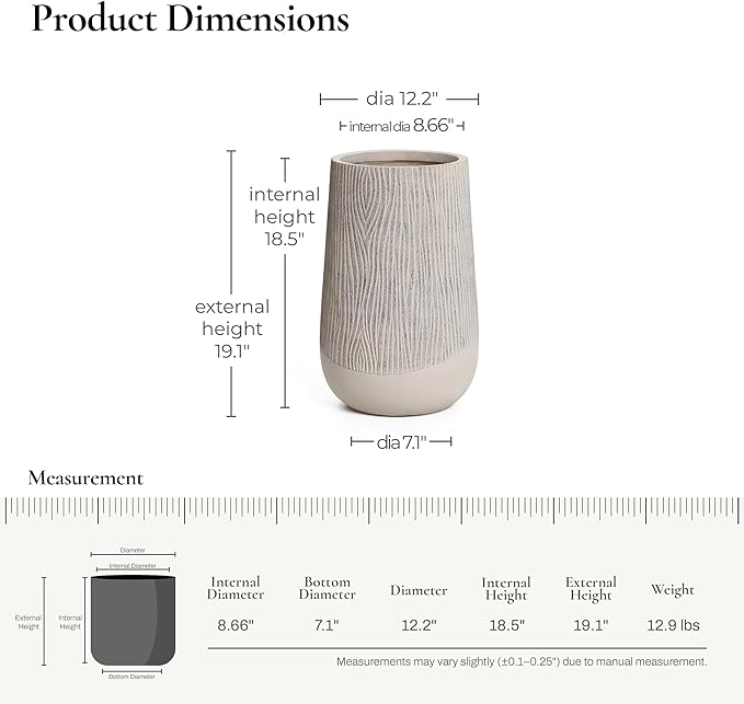 LuxenHome 19" H Concrete Tall Planter, Large Outdoor Indoor Decorative Plant Pot with Drainage Hole and Rubber Plug, Modern Blended Tan with Wood Pattern Planter Pot for Home Garden Patio