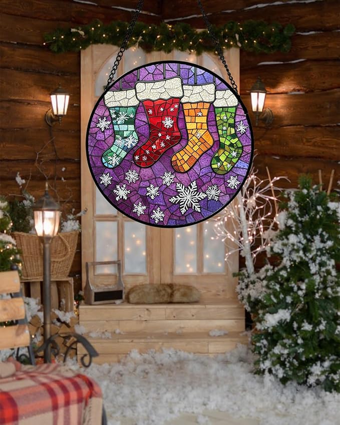 Stained Glass Window Hanging - Christmas Stockings Suncatcher for Doors Home Christmas Decoration Winter Sun Catcher Thanksgiving New Year Birthday Gifts for Women Men Mom Nana Girl 7.8 in