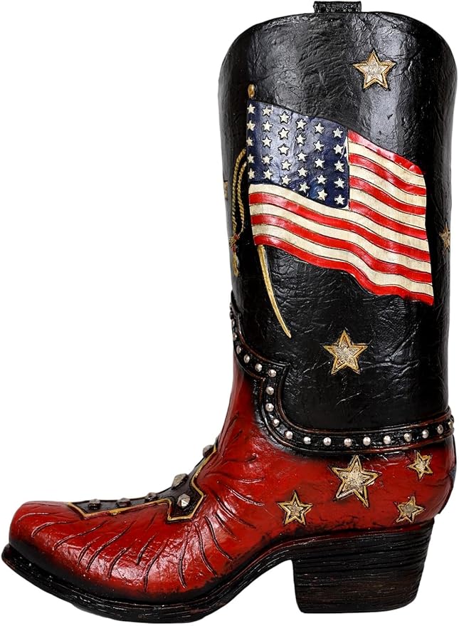 Ebros Gift Rustic Western Patriotic American Bald Eagle Clutching Independence Liberty Bell with US Flag and Cross Cowboy Cowgirl Boot Decor Figurine Or Floral Vase Planter in Faux Tooled Leather
