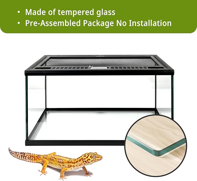 waazoorep Reptile Glass Tank 20"*12"*10" Pre-Assembled Terrarium for Turtle,Hermit Crab,Bearded Dragon,Gecko,Lizard,Snake,Spider,Fish,Tarantula Enclosure with Top Screen Ventilation and Openning Door