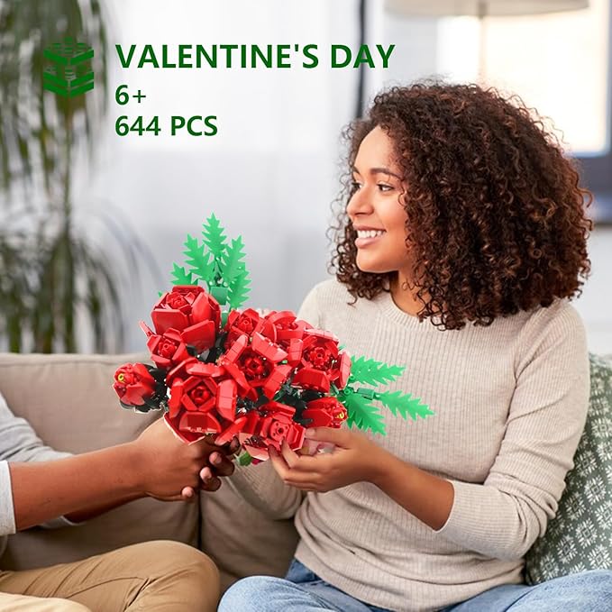SIENON Red Rose Building Set-10pcs Roses & 2pcs Leaves Botanical Collection, Artificial Flowers for Home Décor, Rose Bouquet Building Kit for Valentine’s Day Christmas Birthday Anniversary (No Vase)