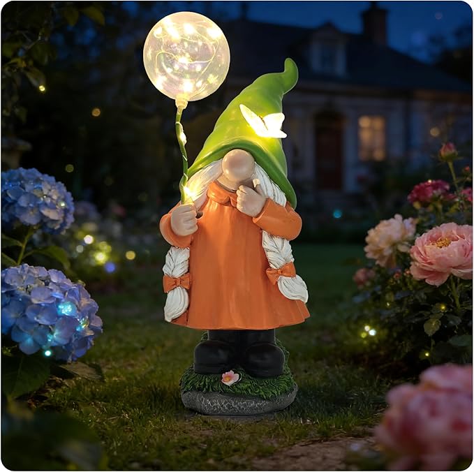 Solar Garden Female Gnome Statue, Detachable Outdoor Garden Decorative Stakes, Resin Statue with Light-Up Butterfly & Bubble Wand, Upgraded 8-10H Lighting, for Yard, Lawn, Flower Bed & Pathway, 10.63"