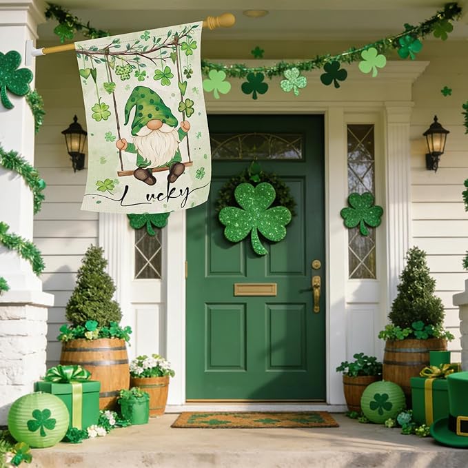 Heyfibro Lucky St. Patrick's Day Garden Flag 28x40 Double Sided Burlap, Gnome with Shamrocks Hanging Swing Yard Banner for Spring Seasonal Irish Holiday Farmhouse Outdoor Decor(ONLY FLAG)
