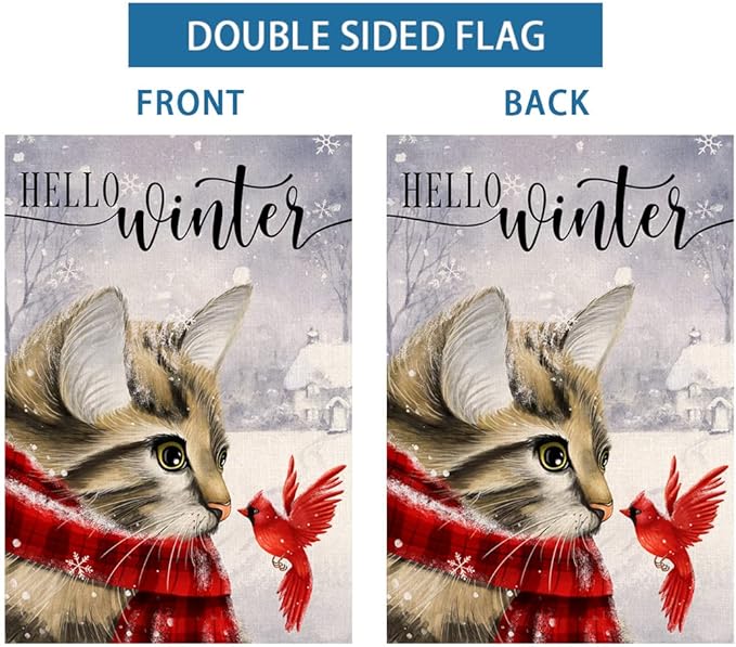 Winter Cat Garden Flag 12x18 Vertical Double Sided Cardinal Bird Snow Christmas Holiday Outside Decorations Burlap Yard Flag BW230