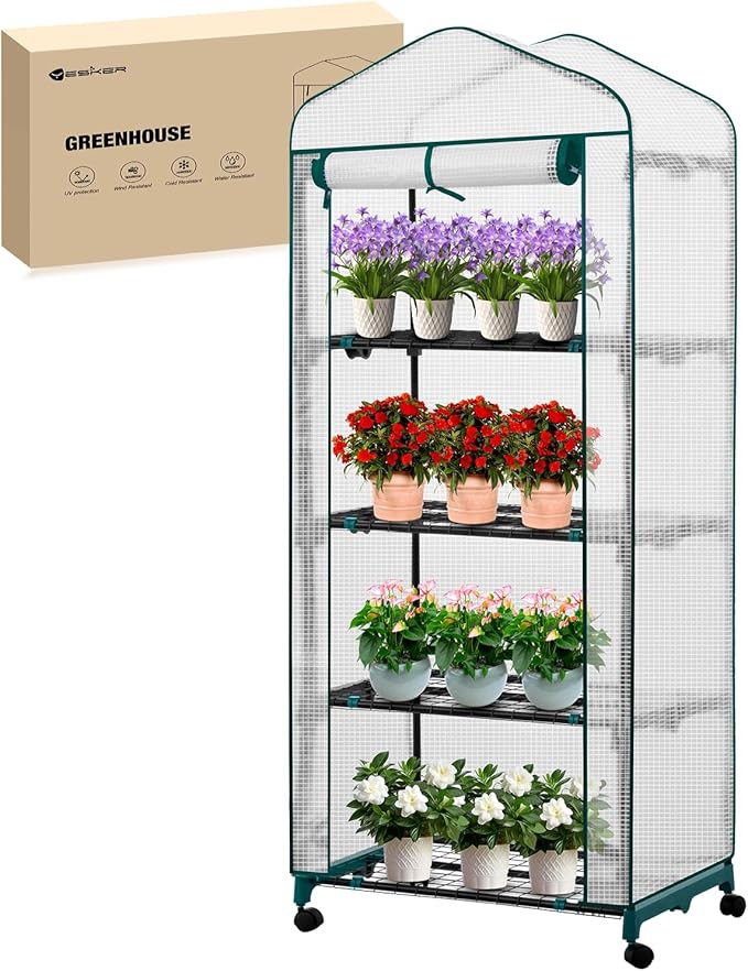 Yesker Mini Greenhouse 27"x20"x63" Portable Indoor / Outdoor Small Green House with 4 Tier 4 Shelves Wheels Thicken PE Cover Compact Greenhouses Kit for Winter Gardening Balcony Patio Backyard, White