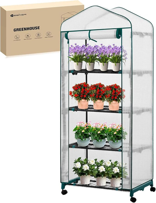 Yesker Mini Greenhouse 27"x20"x63" Portable Indoor / Outdoor Small Green House with 4 Tier 4 Shelves Wheels Thicken PE Cover Compact Greenhouses Kit for Winter Gardening Balcony Patio Backyard, White
