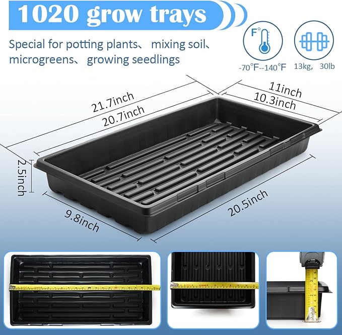 10-Pack Heavy-Duty 1020 Seed Trays – Durable, Extra-Thick Plastic Flats for Seed Starting, Microgreens & Transplanting – Fits 7.3'' Humidity Dome and 4'' Planter (21" x 11", 2.76" Deep, No Drain Hole)