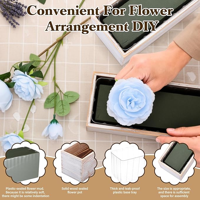 Sintuff 8 Set Rectangle Wooden Planters, 17 x 4 Inch Wood Boxes with Removable Plastic Liner & Floral Foam Blocks, Rustic Wood Planter for DIY Centerpieces Home Wedding Garden Bookshelf Decor (White)