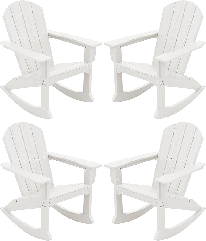 SERWALL Outdoor Adirondack Rocking Chairs of 4, All-Weather HDPE Adirondack Rocker Chair, Front Porch Rocker Chairs for Patio Lawn Porch Deck, White
