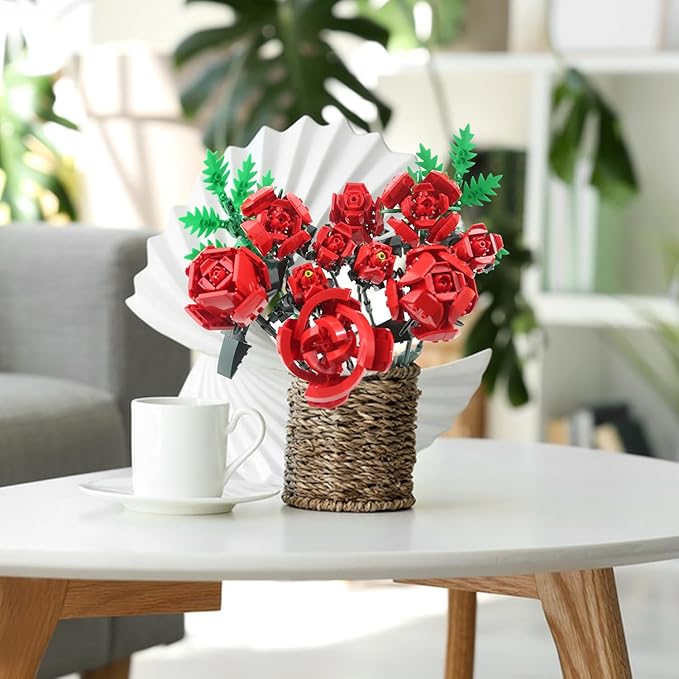 SIENON Red Rose Building Set-10pcs Roses & 2pcs Leaves Botanical Collection, Artificial Flowers for Home Décor, Rose Bouquet Building Kit for Valentine’s Day Christmas Birthday Anniversary (No Vase)