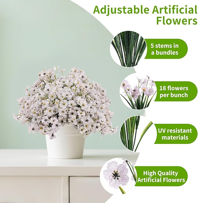 22 Pack Artificial Flowers Outdoor, Faux Flowers UV Resistant with Plastic Plants, Faux Silk Flowers for Outdoors Outside Front Porch Hanging Planter Window Box Garden Decoration(White)