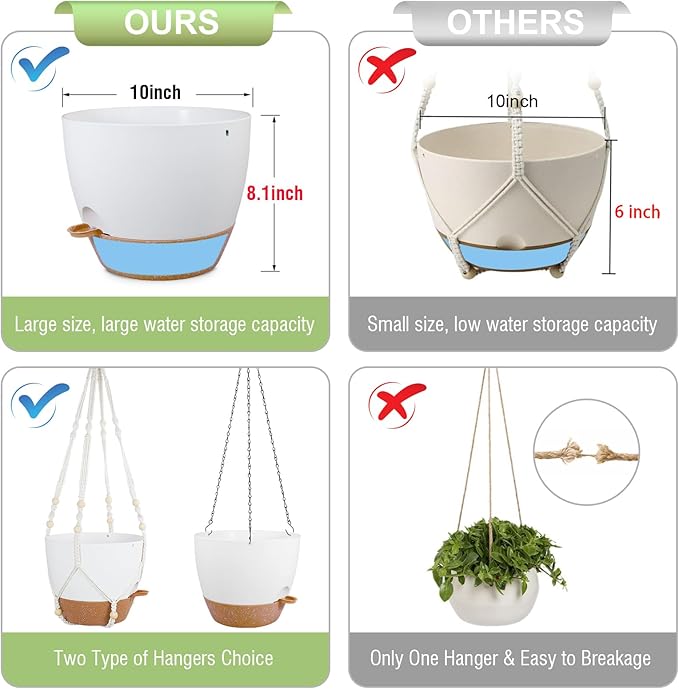 Meowell 10 inch Self Watering Hanging Planters, 2 Pack Hanging Baskets for Indoor Outdoor Plants, Hanging Flower Pots with Drainage Holes & 2 Kinds of Plant Hangers for Garden Home Décor, White Brown