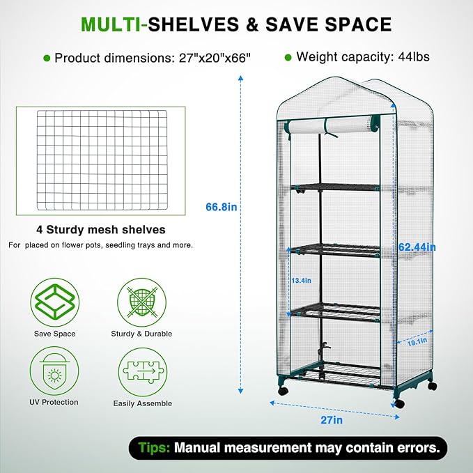 Yesker Mini Greenhouse 27"x20"x63" Portable Indoor / Outdoor Small Green House with 4 Tier 4 Shelves Wheels Thicken PE Cover Compact Greenhouses Kit for Winter Gardening Balcony Patio Backyard, White