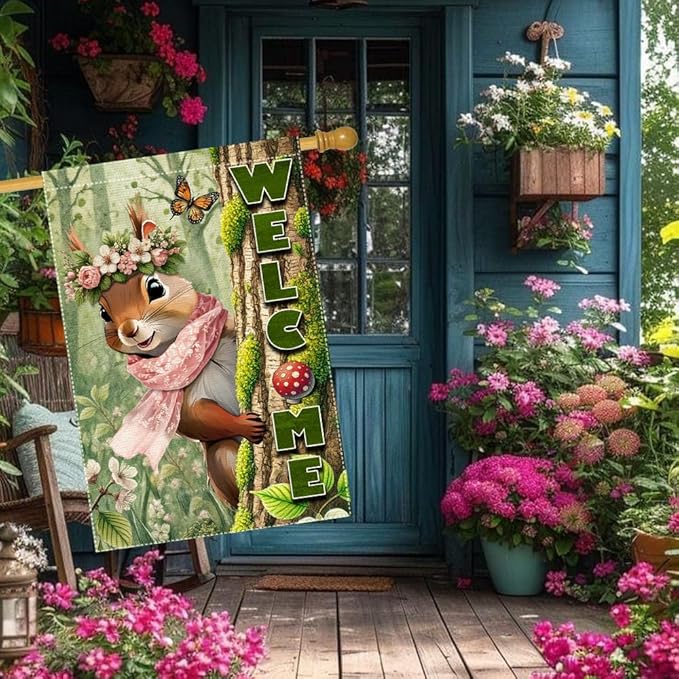 Welcome Garden Flag 28x40inch The Nut Squirrel winter Garden Flags Yard Porch House Flag Double-Side For Home Outdoor Yard Patio Lawn Decor, Garden Decorations