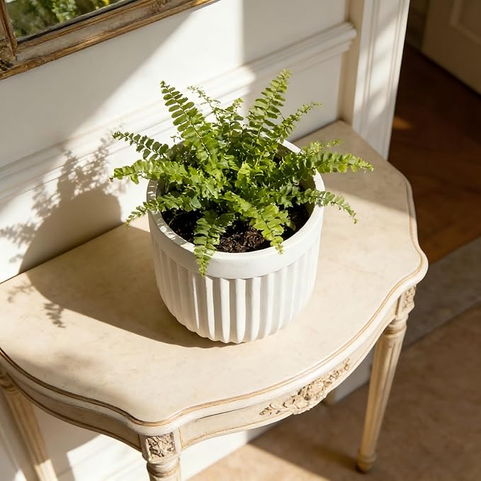 Round Planter with Vertical Ribs, 12 Inch Large Plant Pots with Drainage Hole, Modern Planters for Indoor Outdoor Plants, Home Decor, White