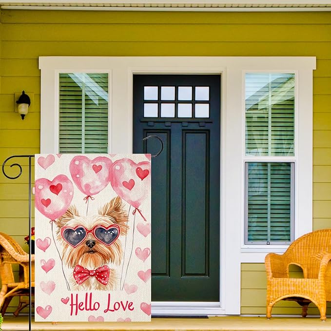 Valentine's Day Yorkie Hello Love Garden Flag, House Yard Plaid Love Heart Outside Decoration, Spring Holiday Wedding Anniversary Outdoor Small Decor 12x18(12624)