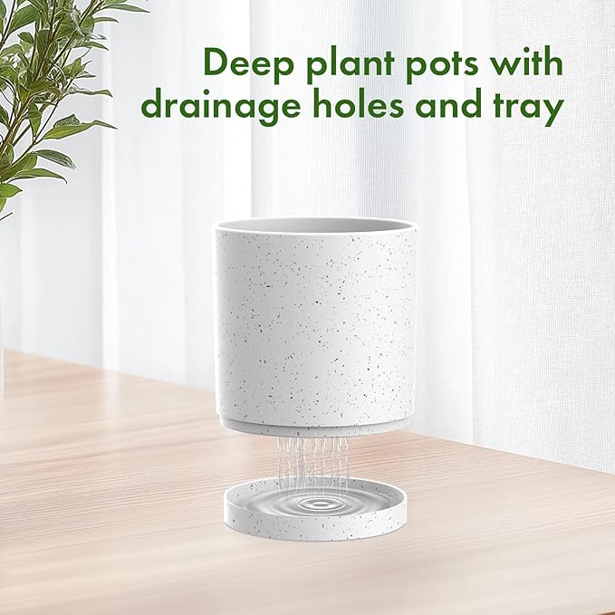 Meowell 8/7/6 inch Flower Pots, 3 Set Cylindrical Plant Pots for Outdoor Indoor Plants, Decorative Plastic Planters with Drainage Holes and Saucers for Garden House Plants, White with Black Speckles