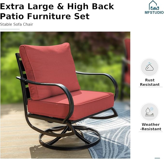 MFSTUDIO 6 Pieces Metal Patio Furniture Sets, 2 Swivel Chairs, 3-Seat Loveseat Sofa, 2 Patio Chairs & 1 Marbling Coffee Table, All Weather 7 Seats Outdoor Conversation Set for Garden, Burgundy Red