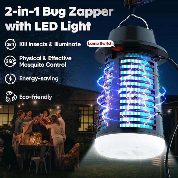 Bug Zapper Outdoor, Fly Zapper Indoor, Mosquito Zapper with LED Light - 4200V Electric Fly Trap with 5.9ft Cable, Flying Insect Killer, Mosquito Repellent Outdoor Patio and Backyard, Home, Camping
