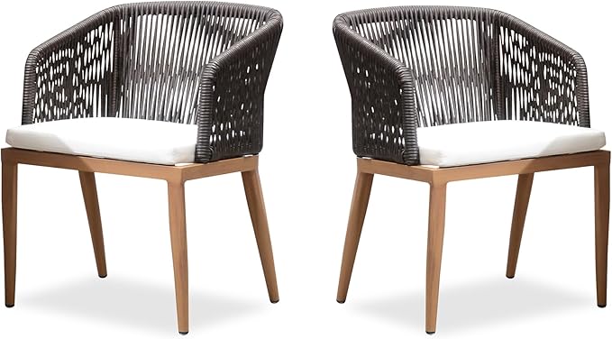 PURPLE LEAF 2 Pieces Outdoor Dining Chair All-Weather Wicker Aluminum Frame Patio Dining Chair for Lawn Garden Backyard Deck with Cushion, Teak Armchair