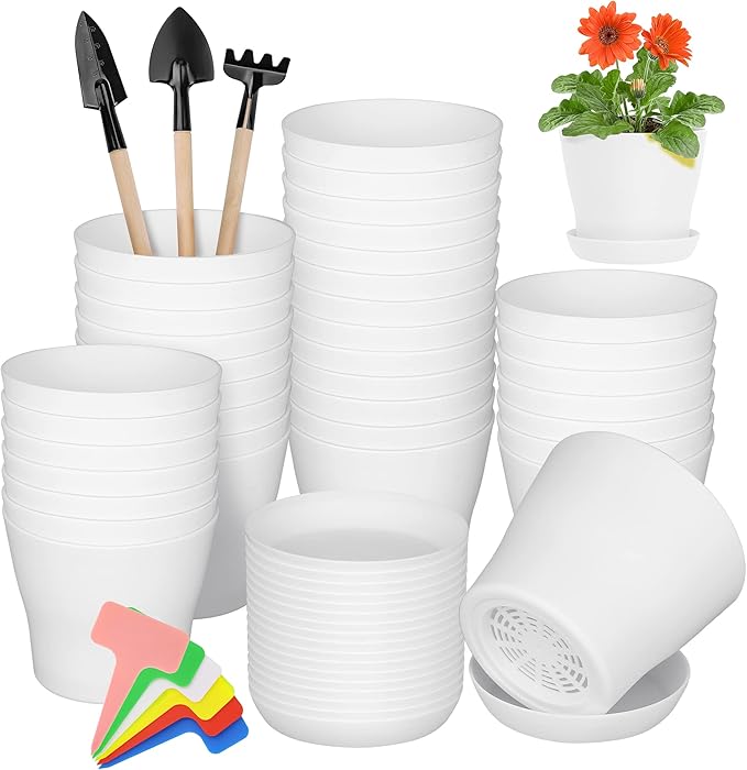 Hahood 36 Pack Plants Nursery Pots 4 Inches Plastic Flower Plant Pots Thickened Seedlings Nursery Pots with Tray White Flower Pots Gardening Plant Containers for Outdoor Indoor