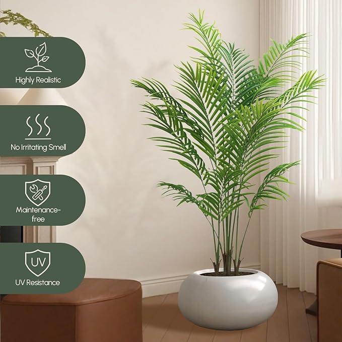 Artificial Palm Tree 4ft - Faux Tree Nearly Natural Indoor Outdoor, UV-Resistant Tall Artificial Plants, Standing Fake Plant Tree, Large Fakeplant for Home Office Living Room Decor