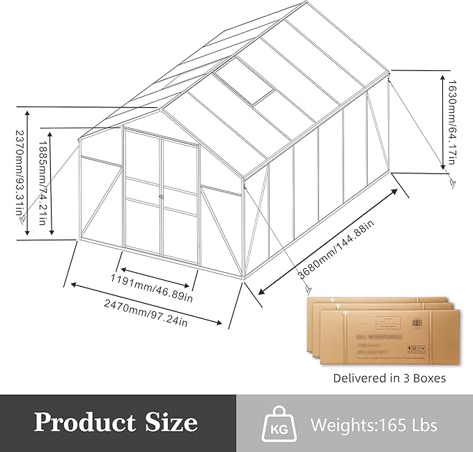 8x12T Greenhouse,Outdoor Polycarbonate Greenhouse with Roof Vent & Drainage System,Heavy Duty Aluminum Walk-in Green Houses for Outside Garden Backyard,Easy Assembly,Black