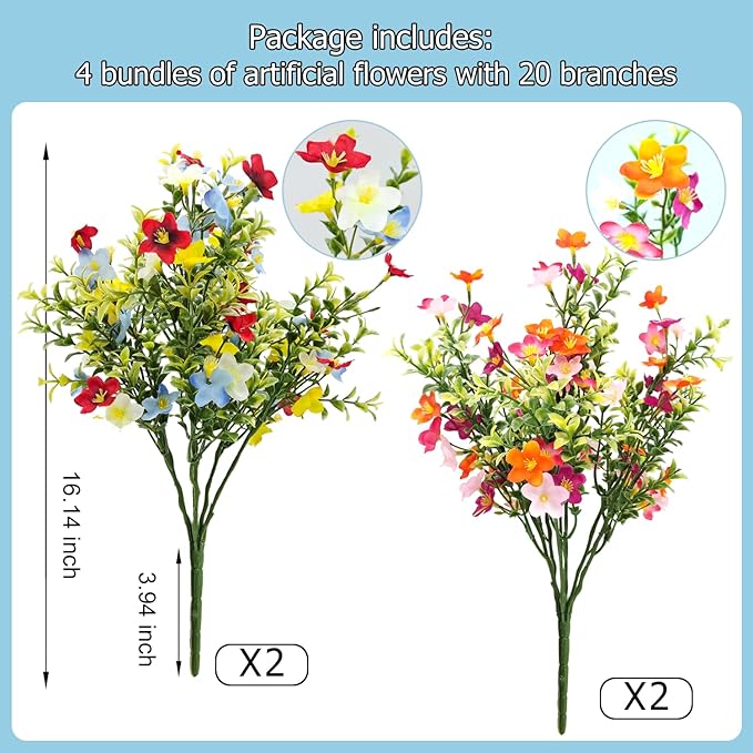 Carfoeny 4 Bundles Artificial Flowers for Outdoors, UV Resistant Silk Fake Flowers Bulk, Multi-Color Faux Wildflowers Bouquets for Window Box, Porch, Hanging Planter, Cemetery Grave Decorations