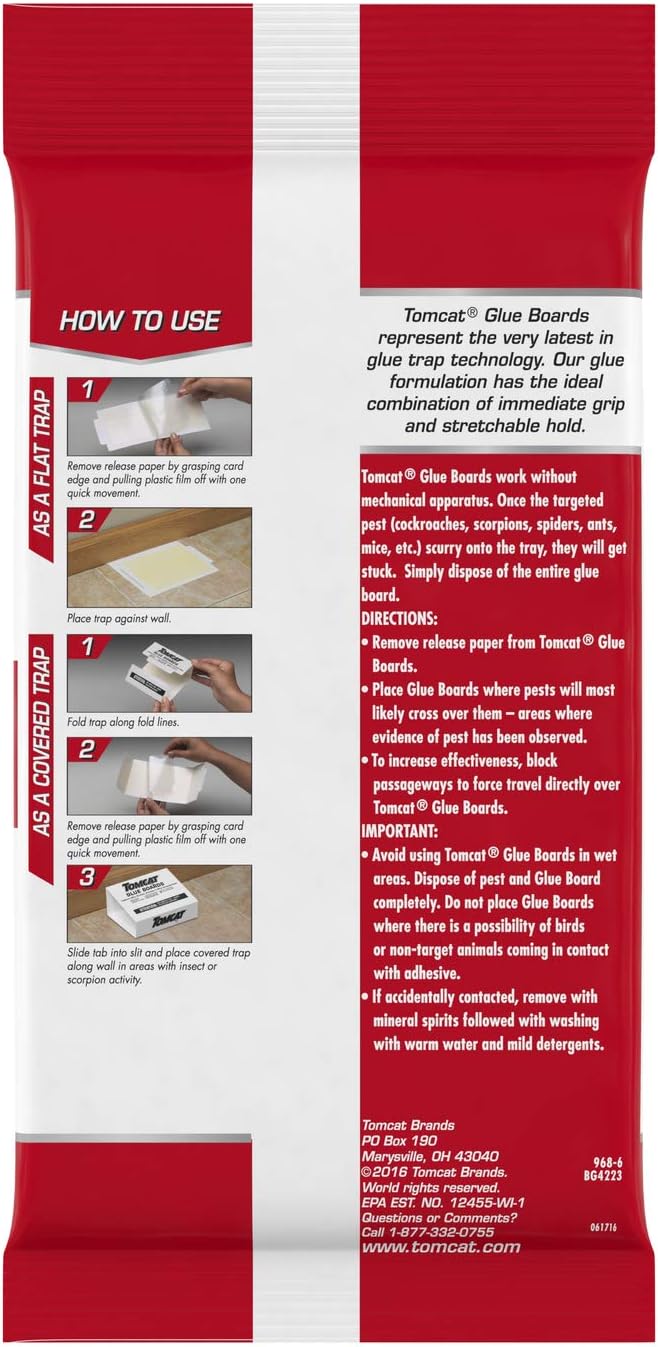 Tomcat Glue Boards with Eugenol — Enhanced Stickiness for Mice, Cockroaches & Insects, Flat or Covered Use, Ready-To-Use, 4 Traps