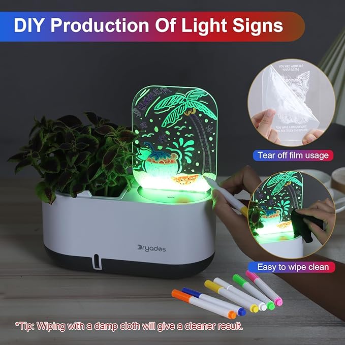 DRYADES Self-Watering Plant Pot with LED Note Board & 7 Colors Pen, Led Acrylic Message Board with Plant Pot,Dog Board Night Light with Planting Pot for Christmas/Thanksgiving/Gifts(No Plant&Seed)
