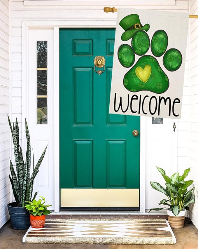 Welcome St Patricks Day House Flags for Outdoor Decoration, Dog Paw with Green Hat Lucky Shamrocks Large Yard Flag, Decorative Irish Celebration Decor for Seasonal Farmhouse Holiday Outside
