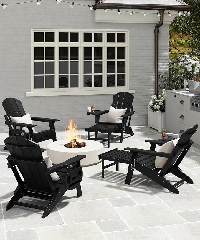 Adjustable Adirondack Chair with Retractable Ottoman Set of 4, HDPE Folding Adirondack Chair with Cup Holder, All Weather Fire Pit Chair for Outdoor,Black