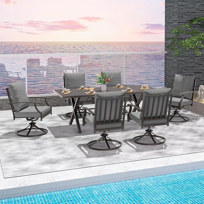 7-Piece Patio Dining Set Outdoor Conversation Set,Metal Outdoor Furniture Set with Umbrella Hole Cut-Out 78.7" x 35.4" Table and 6 Metal Backrest Swivel Chairs for Backyard,Garden,Grey
