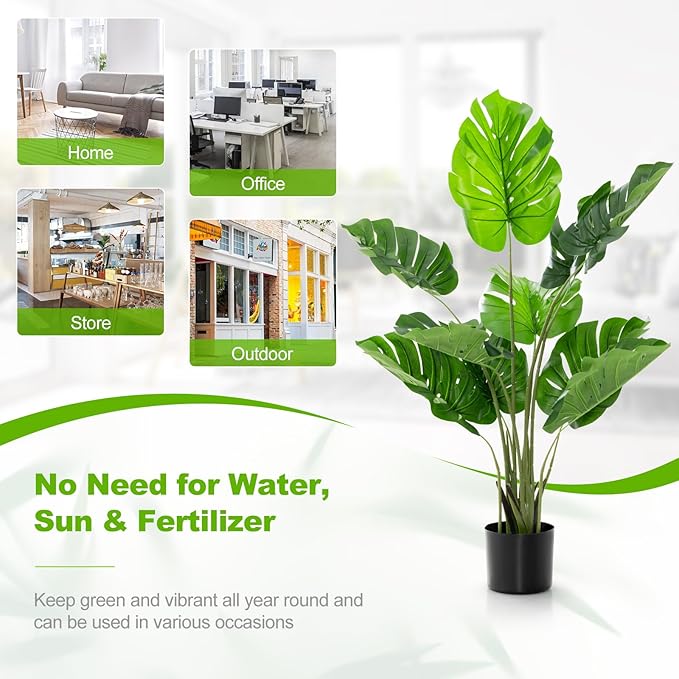 4FT Fake Monstera Deliciosa Plants, Faux Monstera Plant w/15 Turtle Leaves, Cement-Filled Plastic Pot, 60 Inch Fake Plant for Indoor Home Office Living Room Decoration Set of 2