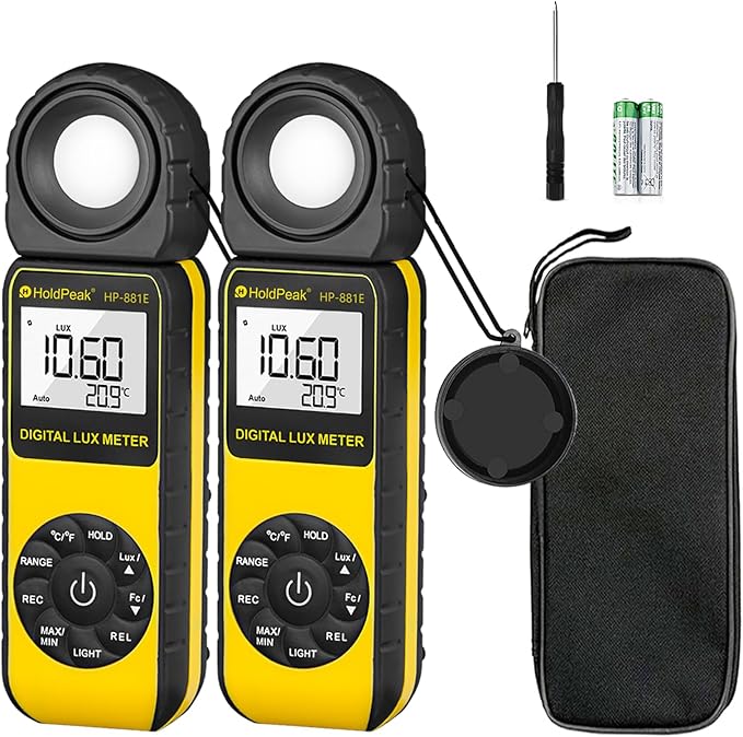 Digital Light Meter (2PCS) - HOLDPEAK 881E Digital Illuminanc/Light Meter with 0.01~300,000 Lux (0.01~30,000 FC) Measuring Ranges and 270° Rotatable Detector for LED Lights and Plants Lumen Meter