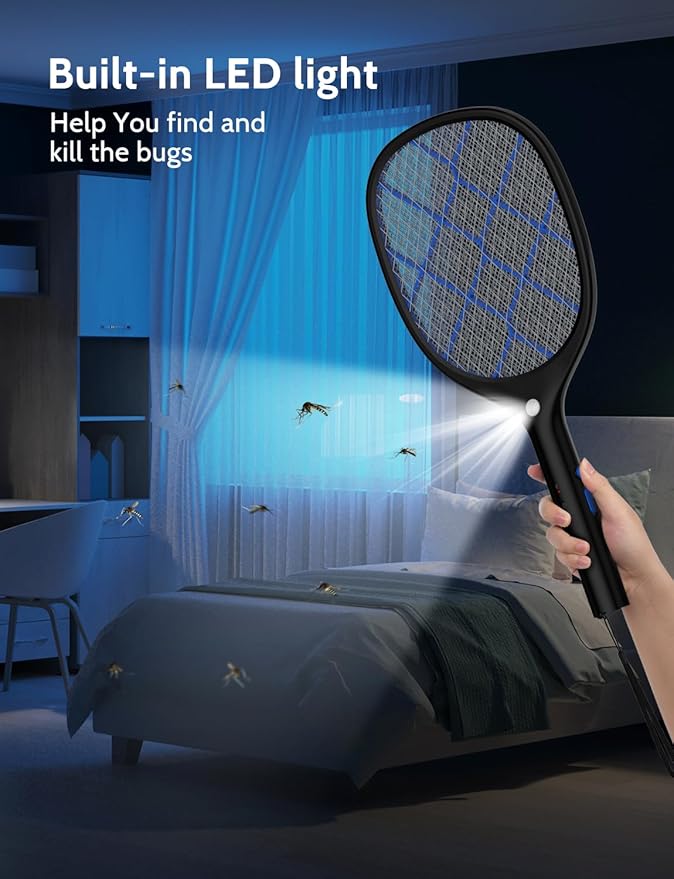 YISSVIC Electric Fly Swatter Bug Zapper Racket 4000V Rechargeable Mosquito Killer with LED Light for Indoor Home Office Backyard Patio Camping (Black Blue)