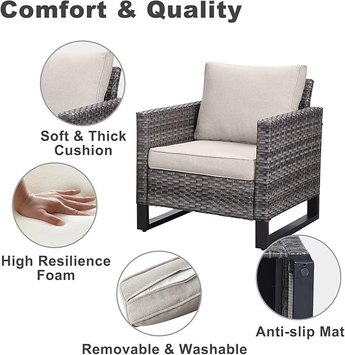 Belord Outdoor Bistro Set 3 Piece Outdoor Wicker Patio Chairs, Oversize Outdoor Rattan Seating Set, All-Weather Chairs Wicker Furniture with Metal Side Table and Water-Resistant Cushion for Outside