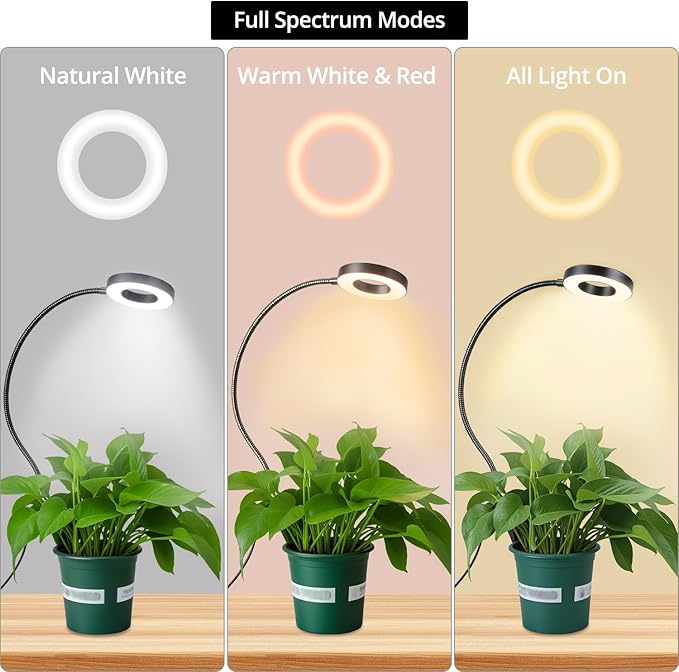 QWORK 3 Pack Grow Lights for Indoor Plants Full Spectrum, Clip On Growing Lamp with 3-Color Modes, Auto Timer & Dimmable Levels for Indoor Growing