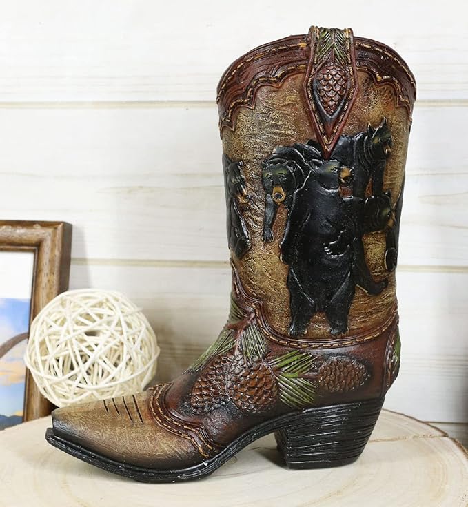 Ebros Gift Rustic Western Black Bear Family with Pine Cones Forest Cowboy Cowgirl Boot Decorative Figurine Or Floral Vase Planter Tooled Leather Finish Table Shelf Countertop Accent