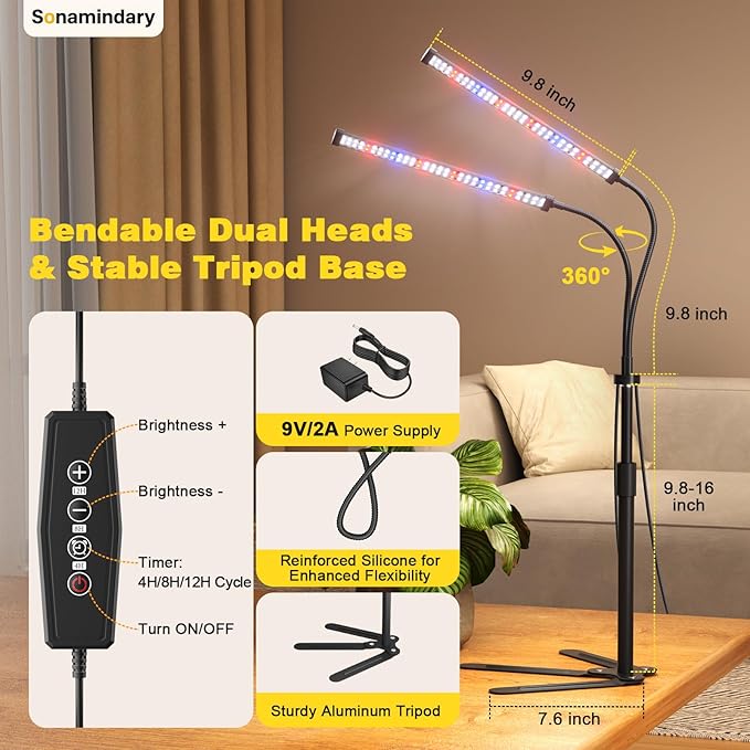 Grow Lights for Indoor Plants, 9V 5700K 120LEDs Full Spectrum Plant Lights for Indoor Growing, Height Adjustable 9.8-35'' with Stable 360° Gooseneck, Auto 4/8/12H Timer, 5 Brightness Levels