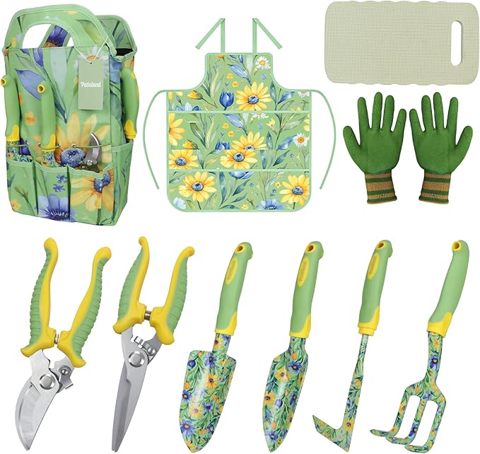 Patioland 10-Piece Garden Tool Set – Green Floral Gardening Hand Tools with Non-Slip Handles, Heavy Duty Rust-Proof Aluminum Tools, Organizer Tote Bag, Ideal Gardening Gifts for Women & Grandma