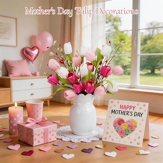 4Pcs Artificial Tulips Twigs Mother's Day Decorations Pink Tulip Berry Stems for Easter Day Anniversary Flower Bouquets Wedding Home Decor