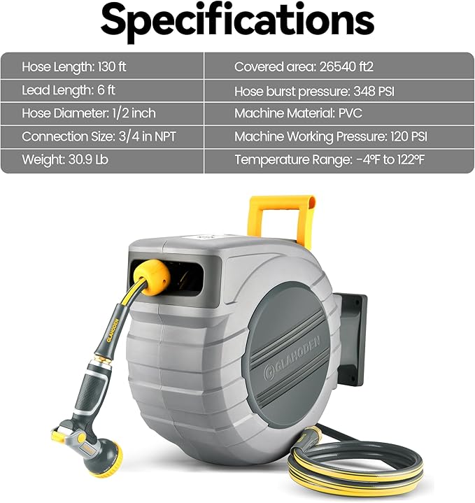 GLAHODEN Retractable Garden Hose Reel - 1/2 in x 130 ft Upgraded UV Resistant Automatic Wall Mounted Water Hose Reel 3/4 in Brass Fitting 9 Pattern Nozzle Any Length Lock Slow Retraction 180°Swivel