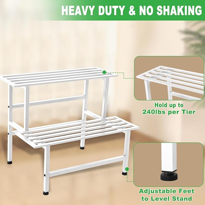 Dipion Metal Plant Stand Outdoor Plant Shelf Indoor,2 Tier Heavy Duty Ladder Plant Stands for Multiple Plants,26" L x 20.25" H x 17.75" W,White