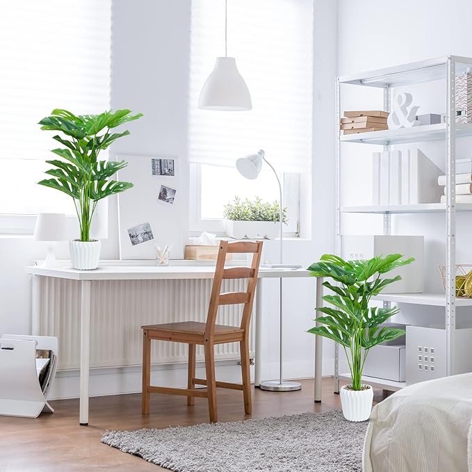 Set of 2 Fake Plants 28" Tall Artificial Monstera Deliciosa with 18 Leaves in White Pot for Home Office Decor