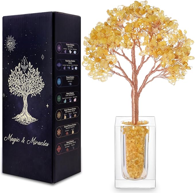 Magic and Miracles Citrine Crystal Money Bonsai Tree, Christmas Birthday Anniversary Housewarming Gifts, Yoga Wish Meditation Gemstone Tree, New Home Office Desk Decor Fengshui Plant