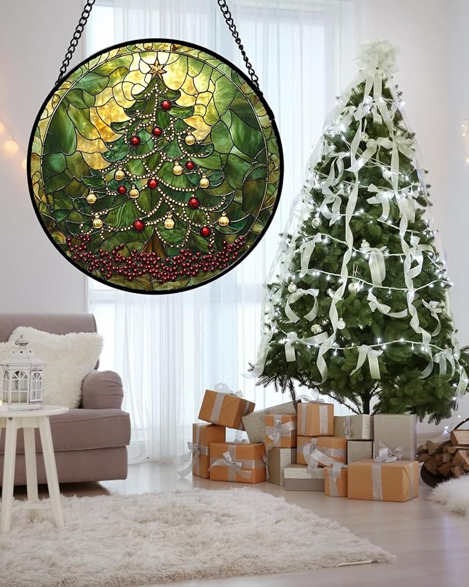 Stained Glass Window Hanging - Retro Green Christmas Tree Suncatcher for Doors Home Christmas Decoration Sun Catcher Thanksgiving New Year Birthday Gifts for Women Men Mom Nana 6.3 in