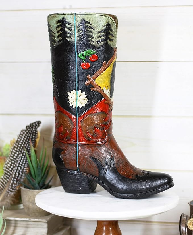 Ebros Rustic Southwestern Black Bear Country with Pine Trees and Cherries Forest Cowboy Cowgirl Boot Decorative Figurine Or Floral Vase Planter Tooled Leather Finish Table Shelf Countertop Accent